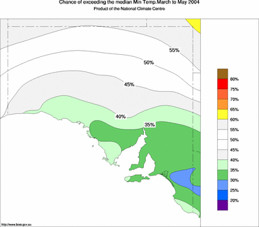 probability of exceeding median minimum temperature - click on the image for a larger version of the map
