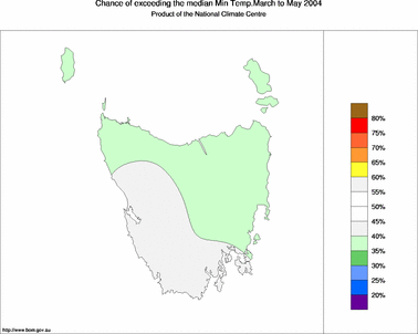 probability of exceeding median minimum temperature - click on the image for a larger version of the map