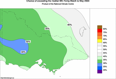 probability of exceeding median minimum temperature - click on the image for a larger version of the map