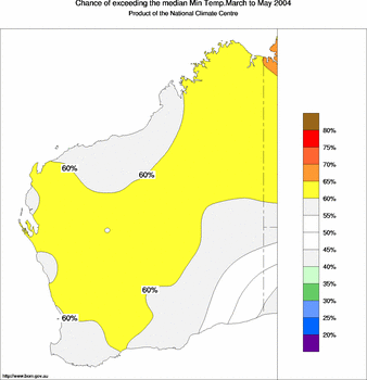 probability of exceeding median minimum temperature - click on the image for a larger version of the map