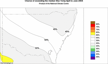 probability of exceeding median maximum temperature - click on the image for a larger version of the map