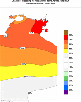 probability of exceeding median maximum temperature - click on the image for a larger version of the map