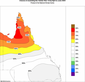 probability of exceeding median maximum temperature - click on the image for a larger version of the map