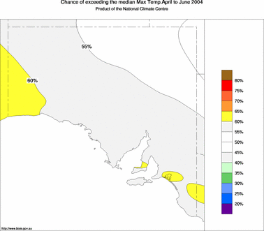 probability of exceeding median maximum temperature - click on the image for a larger version of the map