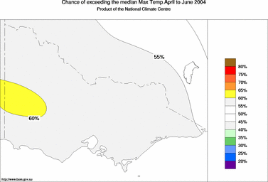probability of exceeding median maximum temperature - click on the image for a larger version of the map