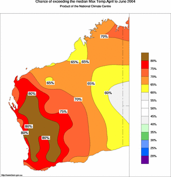 probability of exceeding median maximum temperature - click on the image for a larger version of the map
