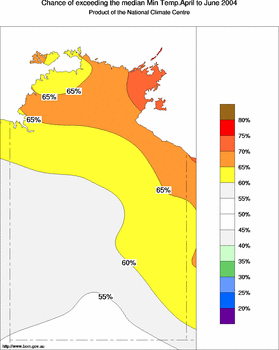 probability of exceeding median minimum temperature - click on the image for a larger version of the map