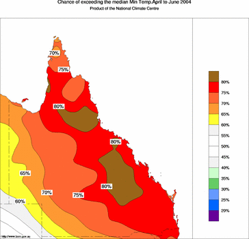 probability of exceeding median minimum temperature - click on the image for a larger version of the map