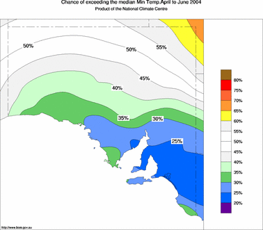 probability of exceeding median minimum temperature - click on the image for a larger version of the map
