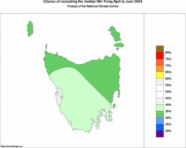 probability of exceeding median minimum temperature - click on the image for a larger version of the map
