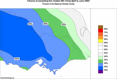 probability of exceeding median minimum temperature - click on the image for a larger version of the map
