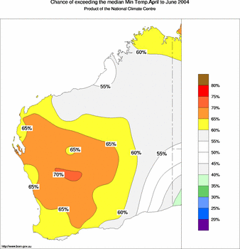probability of exceeding median minimum temperature - click on the image for a larger version of the map