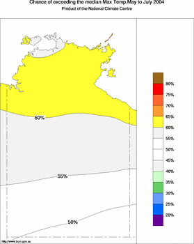 probability of exceeding median maximum temperature - click on the image for a larger version of the map