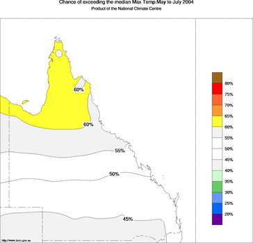 probability of exceeding median maximum temperature - click on the image for a larger version of the map
