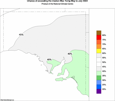 probability of exceeding median maximum temperature - click on the image for a larger version of the map