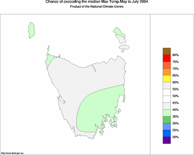 probability of exceeding median maximum temperature - click on the image for a larger version of the map