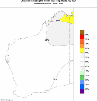 probability of exceeding median maximum temperature - click on the image for a larger version of the map
