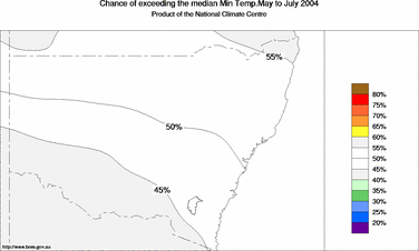 probability of exceeding median minimum temperature - click on the image for a larger version of the map
