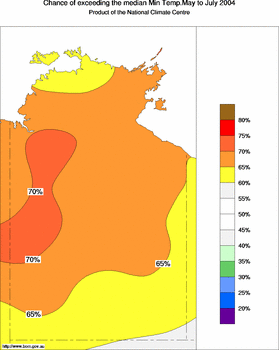 probability of exceeding median minimum temperature - click on the image for a larger version of the map