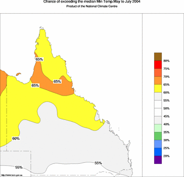 probability of exceeding median minimum temperature - click on the image for a larger version of the map