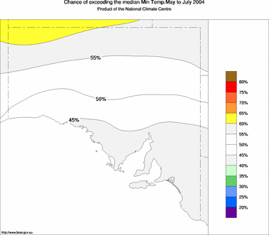 probability of exceeding median minimum temperature - click on the image for a larger version of the map