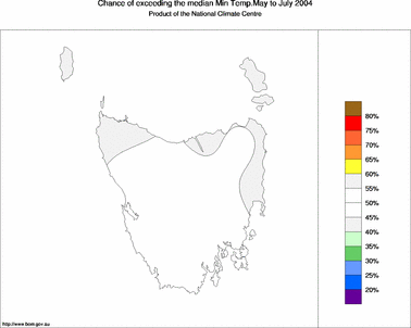 probability of exceeding median minimum temperature - click on the image for a larger version of the map