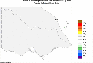 probability of exceeding median minimum temperature - click on the image for a larger version of the map