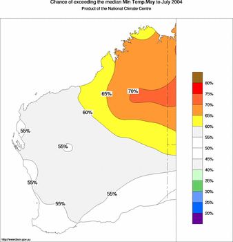 probability of exceeding median minimum temperature - click on the image for a larger version of the map