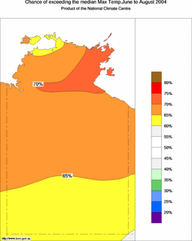 probability of exceeding median maximum temperature - click on the image for a larger version of the map