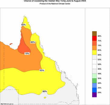 probability of exceeding median maximum temperature - click on the image for a larger version of the map