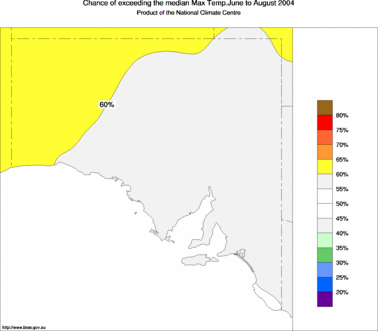 probability of exceeding median maximum temperature - click on the image for a larger version of the map