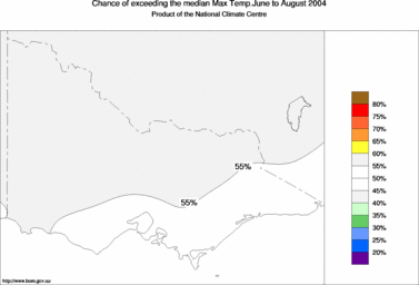 probability of exceeding median maximum temperature - click on the image for a larger version of the map