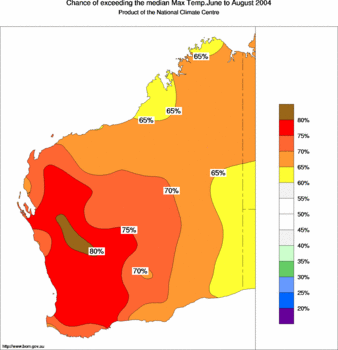 probability of exceeding median maximum temperature - click on the image for a larger version of the map