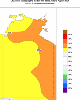 probability of exceeding median minimum temperature - click on the image for a larger version of the map