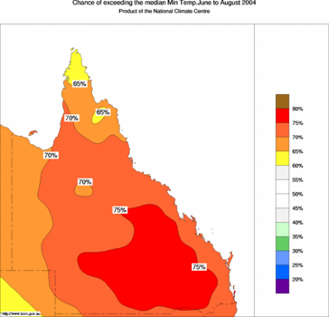 probability of exceeding median minimum temperature - click on the image for a larger version of the map