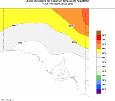 probability of exceeding median minimum temperature - click on the image for a larger version of the map