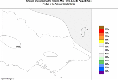 probability of exceeding median minimum temperature - click on the image for a larger version of the map