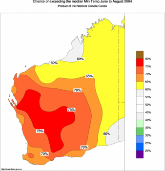probability of exceeding median minimum temperature - click on the image for a larger version of the map