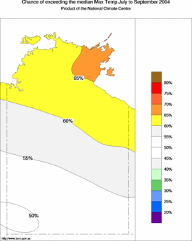 probability of exceeding median maximum temperature - click on the image for a larger version of the map