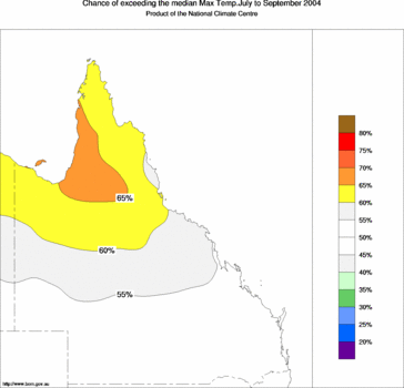 probability of exceeding median maximum temperature - click on the image for a larger version of the map