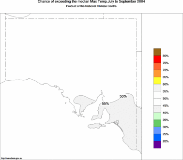 probability of exceeding median maximum temperature - click on the image for a larger version of the map
