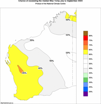 probability of exceeding median maximum temperature - click on the image for a larger version of the map