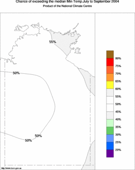 probability of exceeding median minimum temperature - click on the image for a larger version of the map