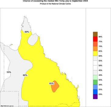 probability of exceeding median minimum temperature - click on the image for a larger version of the map