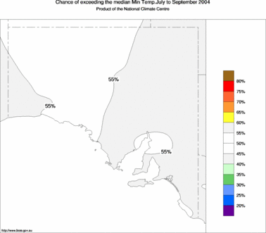 probability of exceeding median minimum temperature - click on the image for a larger version of the map