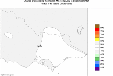 probability of exceeding median minimum temperature - click on the image for a larger version of the map