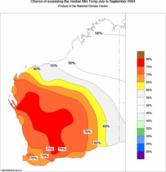 probability of exceeding median minimum temperature - click on the image for a larger version of the map