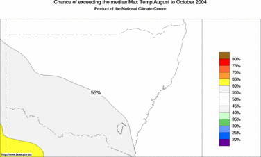 probability of exceeding median maximum temperature - click on the image for a larger version of the map
