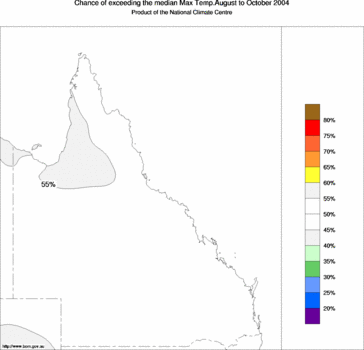 probability of exceeding median maximum temperature - click on the image for a larger version of the map