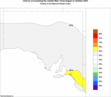 probability of exceeding median maximum temperature - click on the image for a larger version of the map